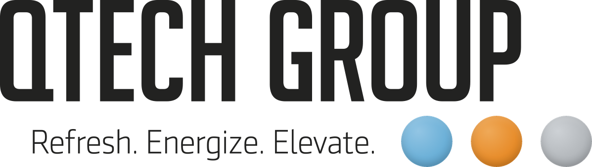 Qtech Groups logotyp med de nya prickarna i tre dimensioner